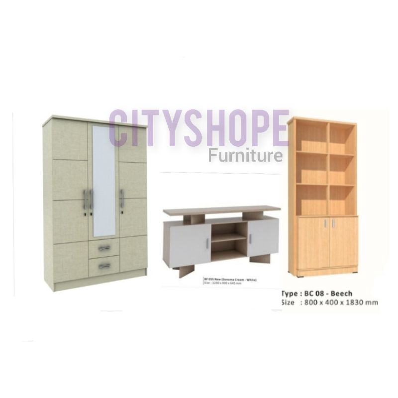 PAKET SET NEW LEMARI PAKAIAN 3 PINTU,MEJA TV DAN RAK BUKU