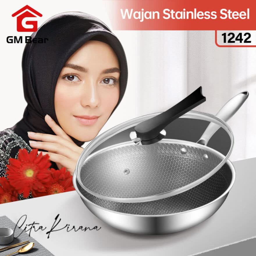 GM Bear Wajan Frypan Stainless Steel Premium Deluxe 1242- 32 cm Teflon Sarang Tawon Sangat Tebal