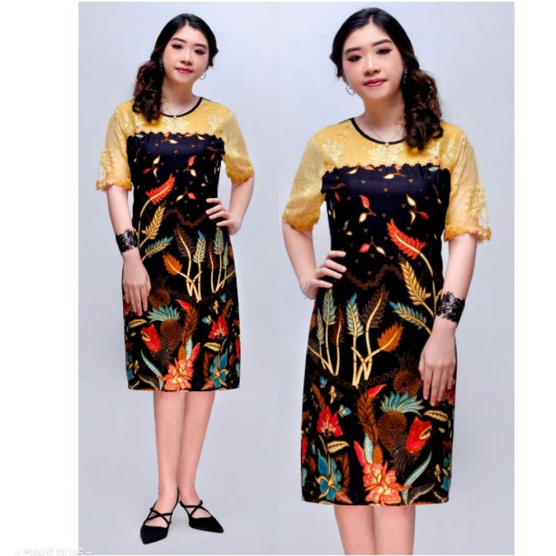 Dress Batik Modern Jumbo M L XL XXL 4L 5L Big Size Dress Tunik Terusan Seragam Kantor Wanita Kombinasi Brokat NGT-G