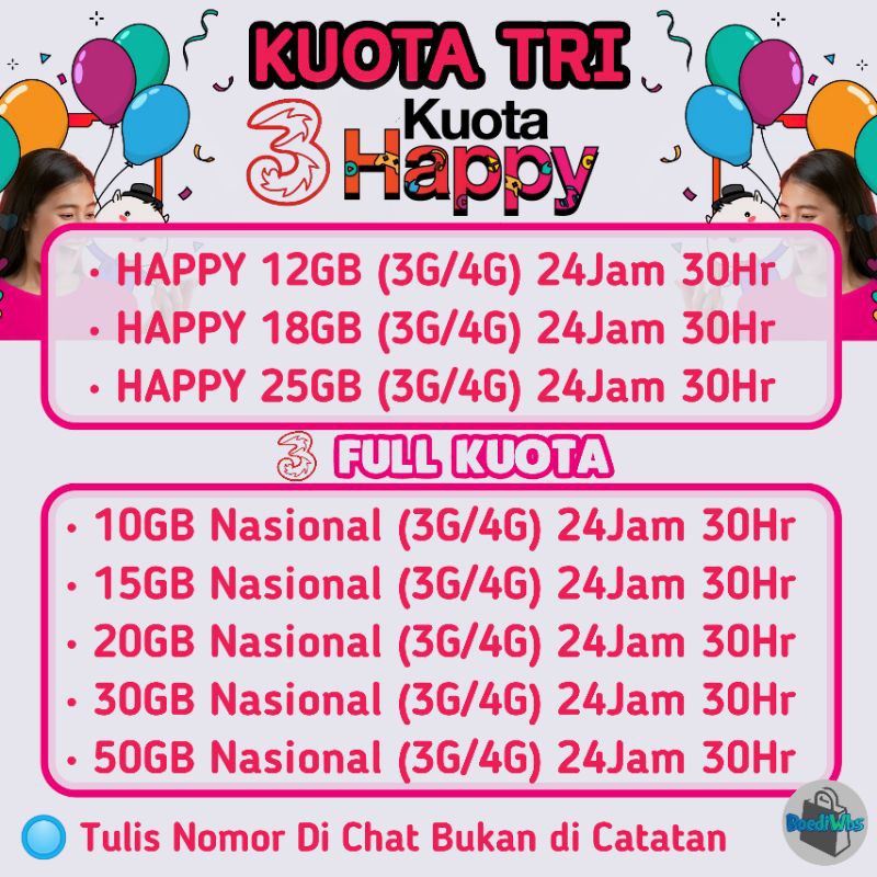 Kuota TRI HAPPY 12GB 18GB 26GB FULL KUOTA Nasional 24 Jam Murah