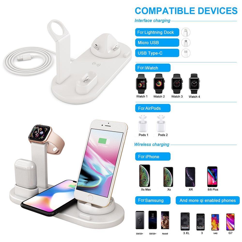 6 in 1 Wireless Charger Dock 15W Fast Charge untuk Apple Watch Airpods Charger/Samsung iPhone Wireless Charging Micro USB Type C Phone Holder