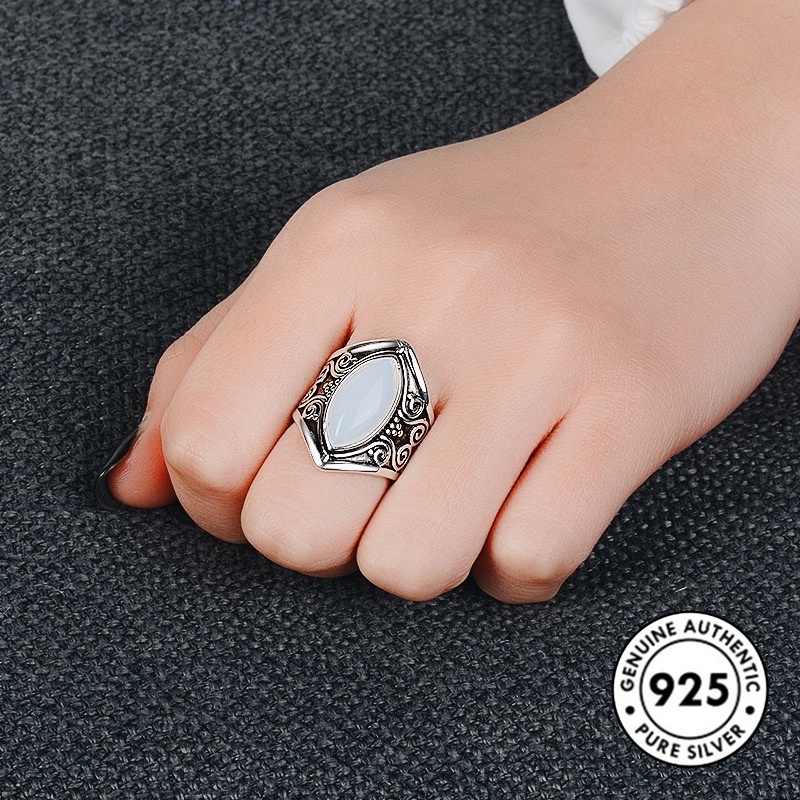 Cincin Batu Bulan Marcasite Bahan S925 Silver Gaya Retro