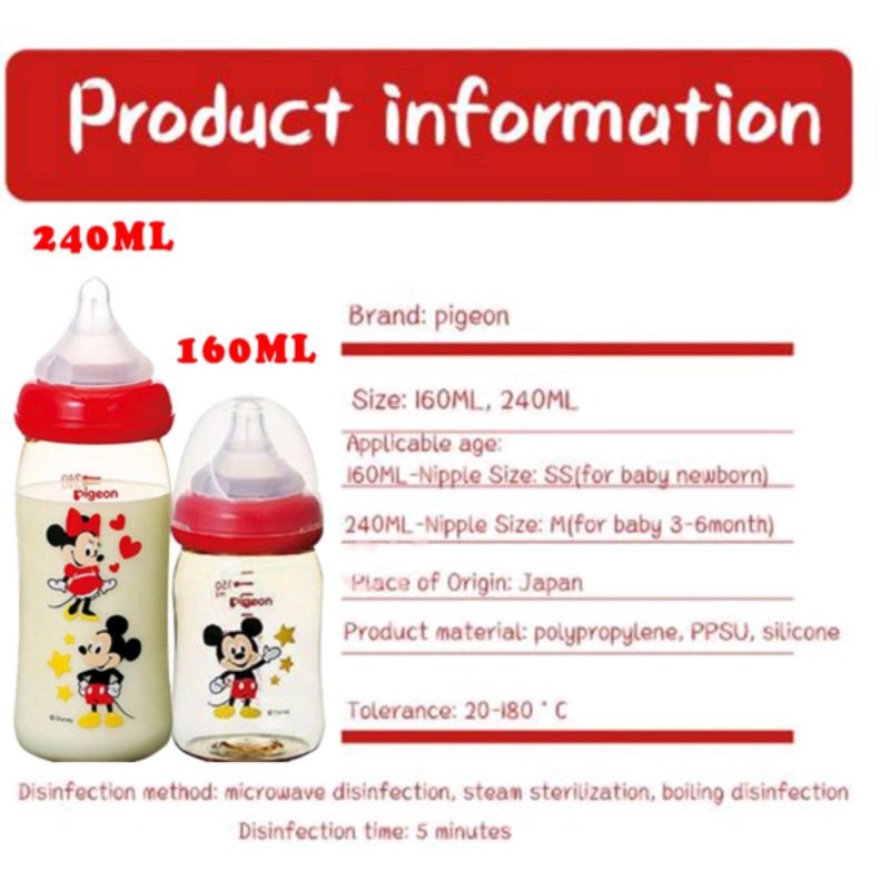 Pigeon PPSU Disney / Animal 160ml 240ml 330 ml Botol Susu PPSU Wide Neck Mickey