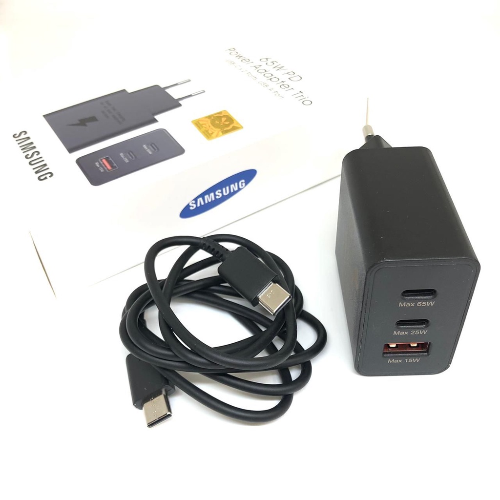 CHARGER SAMSUNG 65W 3in1 PD POWER ADAPTOR TRIO PORT USB-C 2PORT USB-A PORT + KABEL TYPE C TO C SUPER FAST CHARGING ORIGINAL