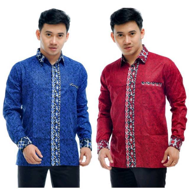 Kemeja batik pria modern lengan panjang motif mega mendung biru dan coklat