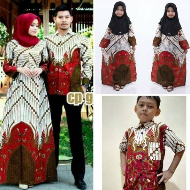 Saroja (098) Couple Keluarga Batik Gamis Batik Katun Premium Motif Seno Merah Putih