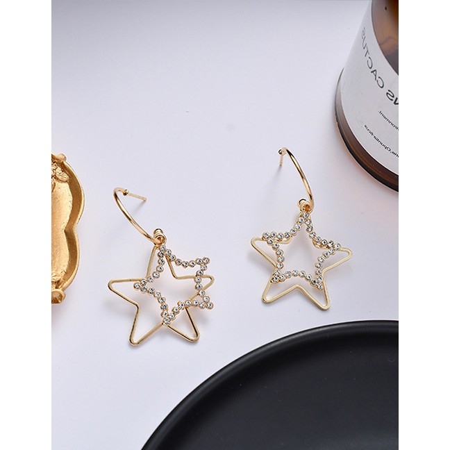 LRC Anting tusuk Fashion Golden Openwork And Diamond Earrings