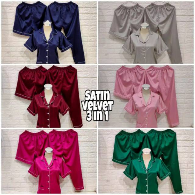 LoverFashion Piyama 3in1  Bahan Satin polos