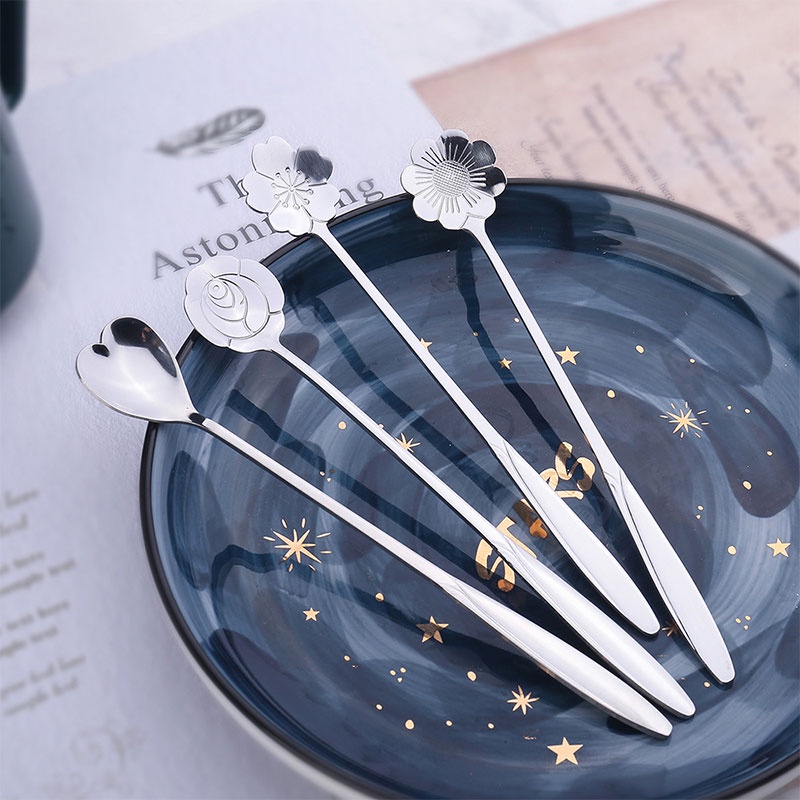1 Pcs Desain Bunga Sendok Peralatan Makan Stainless Steel Pegangan Panjang Antik Sendok Teh Makanan Penutup