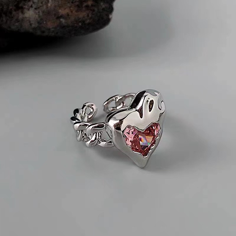 Cincin Silver Desain Hollow Out Hias Kristal Pink Untuk Wanita