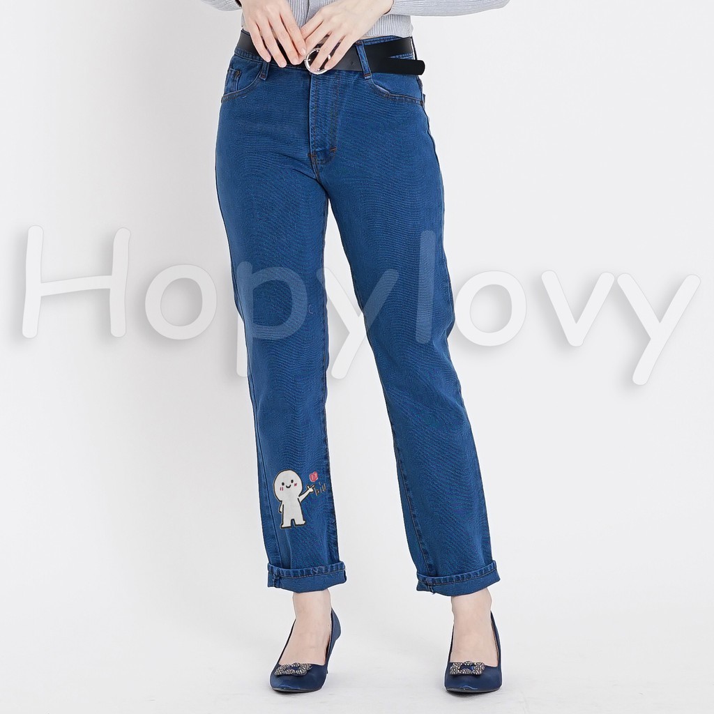 HOPYLOVY - Celana Boyfriend Jeans Wanita Printing Biu