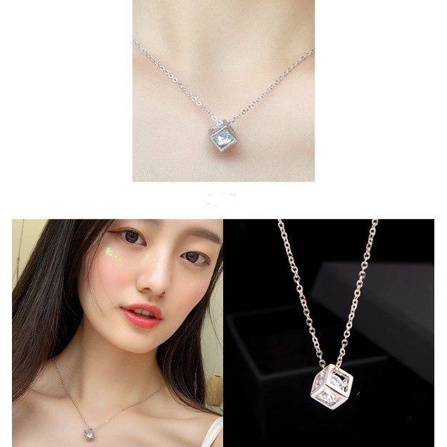 Kalung Kubus Kotak Mode Korea dengan Crystal Stone Zircon Pendant