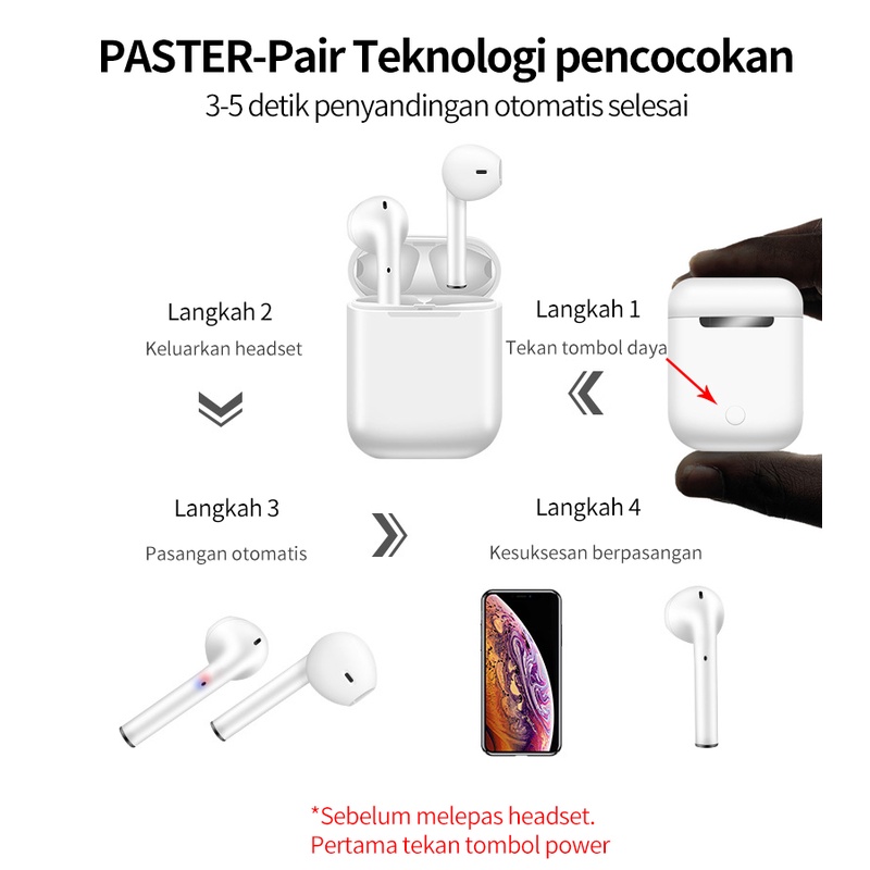 TWS I12 Bluetooth 5.0 Earphone Kualitas suara stereo Wireless Headset Kontrol Sentuh With Mic