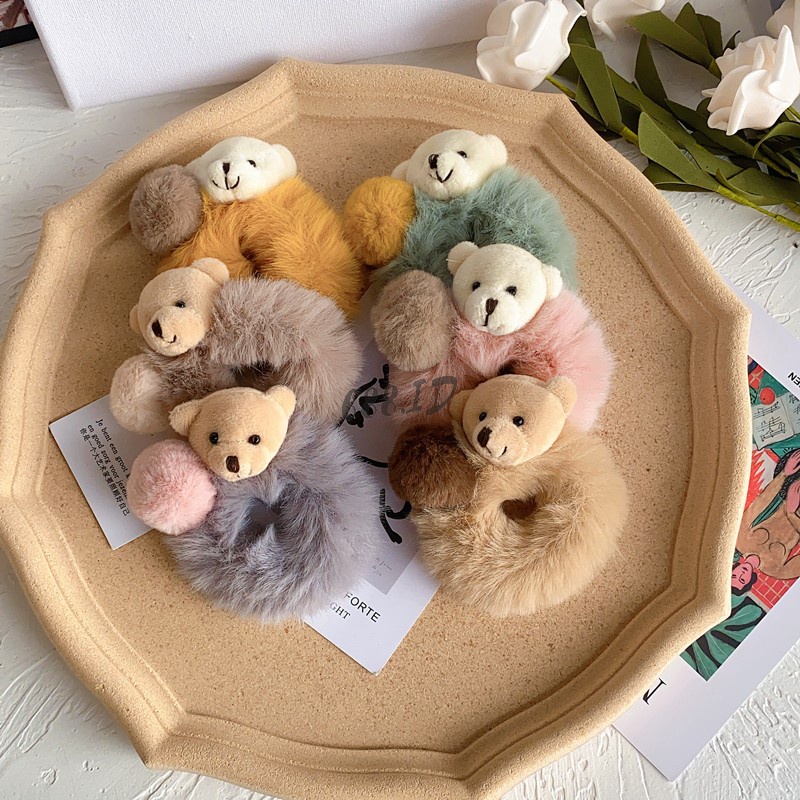 Ikat Rambut Scrunchie Bulu Lembut Tebal Model Kepala Beruang Teddy Bear untuk Wanita Anak Dewasa KCR 03