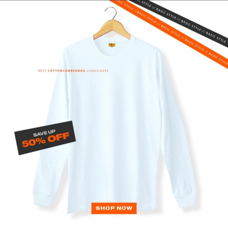Kaos Polos Warna Putih Lengan Panjang Ujung Lengan Rib Karet Pria Wanita Cotton Combed 30s S M L XL