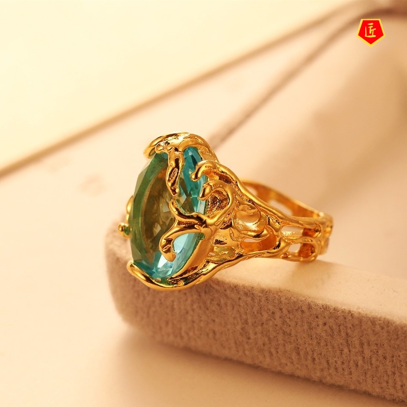 [Ready Stock]Fashion Elegant 18K Gold Blue Crystal Hollow Ring