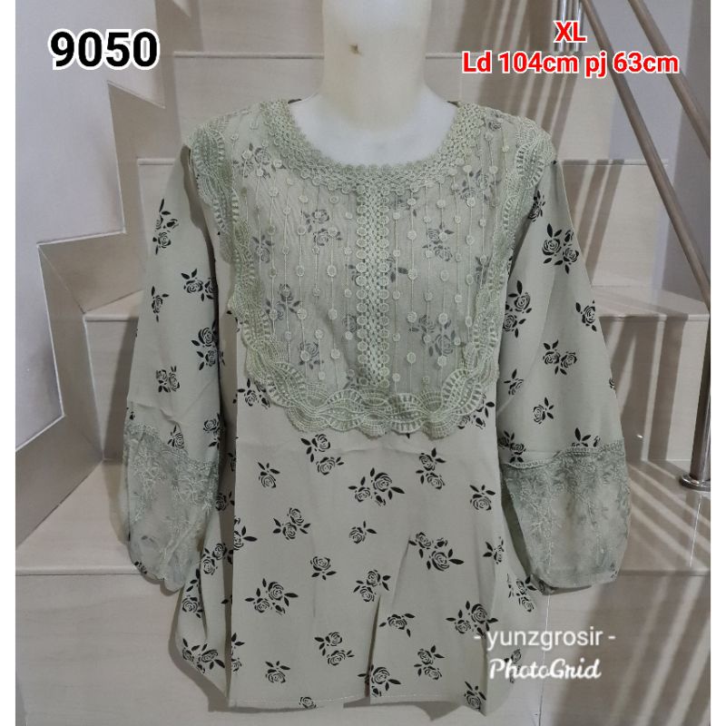 Blouse Brukat Bunga Renda Combi Brukat Impor XL-2XL-9050 - Hijau Ld 104