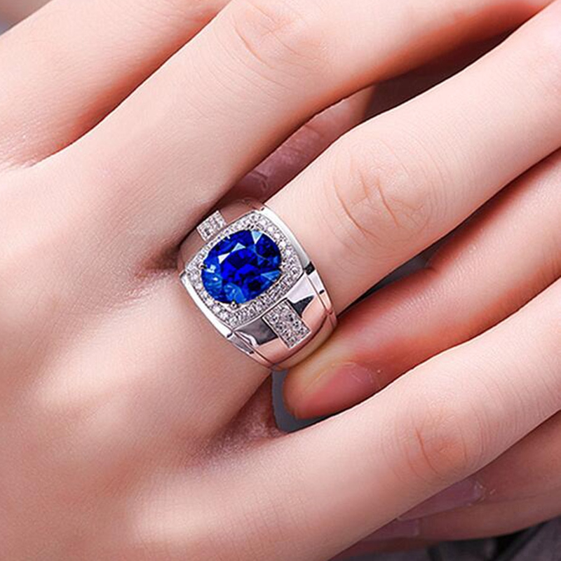 Cincin Berlian Platinum Sapphire Perak Fashion Baja Titanium Pria Kristal Zirkon Biru Rings