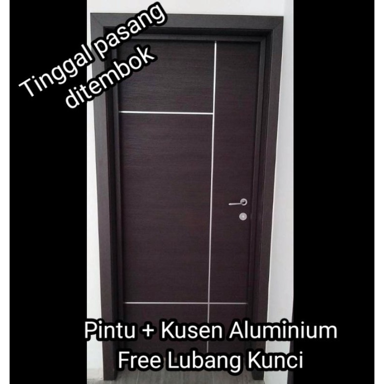 Pintu rumah kayu minimalis & kusen aluminium, tinggal pasang di tembok free lubang kunci