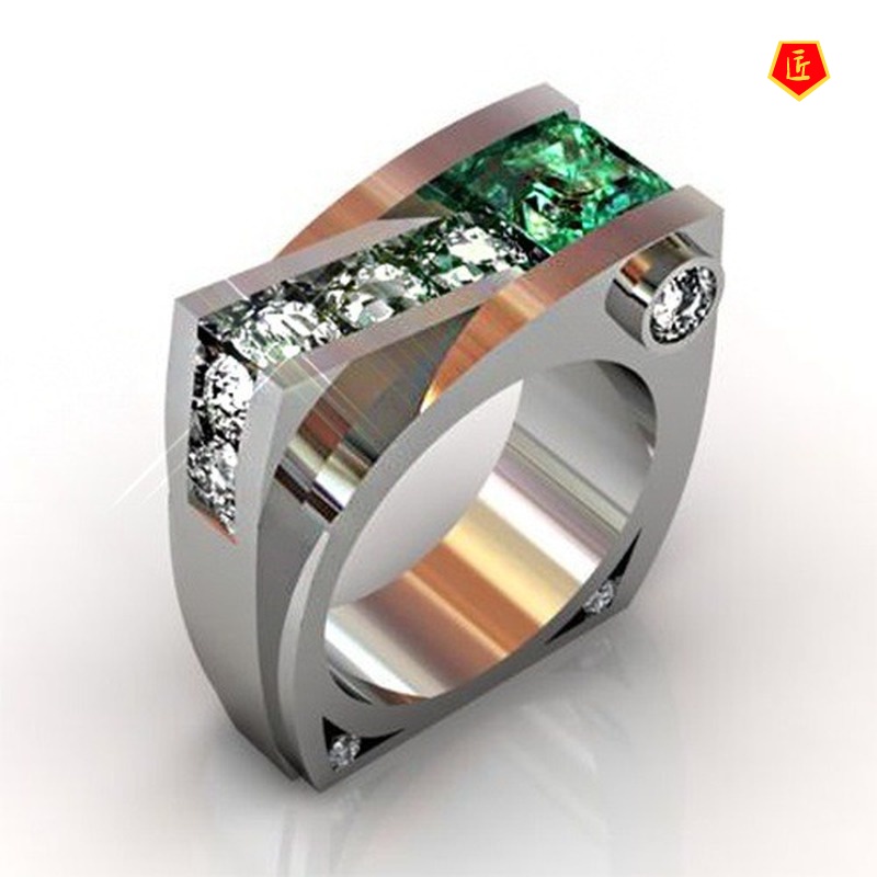 [Ready Stock]Creative Gold Inlaid Colored Gems Geometric Shape Ring for Women