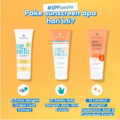 * NCC * Emina Sun Screen Protection Sun Battle Sunscreen SPF30 PA+++  dan SPF45 Sunbattle Skin Buddy