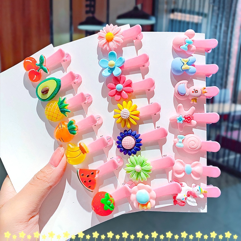 Set Jepit Rambut Motif Kartun Unicorn / Bunga / Buah Gaya Korea Untuk Anak Perempuan