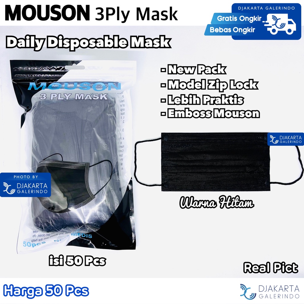 Masker 3Ply Earloop Hitam isi 50 Pcs