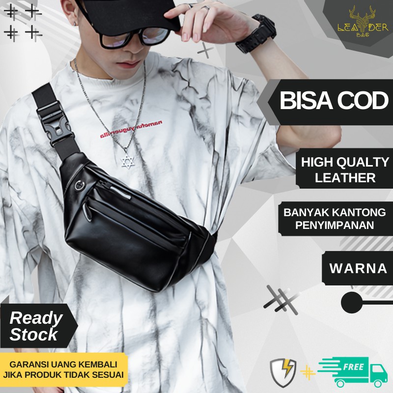 Waist Bag Kulit Pria Original Model Terbaru Warna Hitam Atau Tas Slempang Kulit Cowok Distro Import