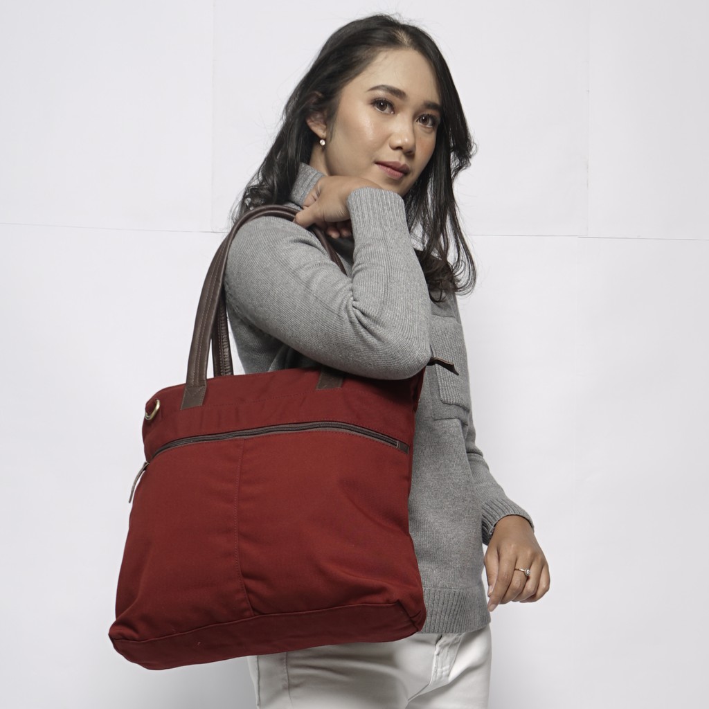 [PREMIUM] Tas Kerja Totebag Laptop Pria Wanita Kanvas Kulit ASLI Eastmovin Iowa Maroon