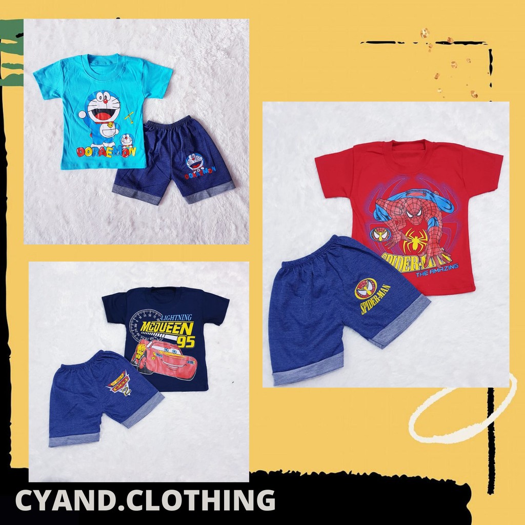 SETELAN ANAK DORAEMON CAR SPIDERMAN / CYAND.CLOTHING / SET PAKAIAN ANAK