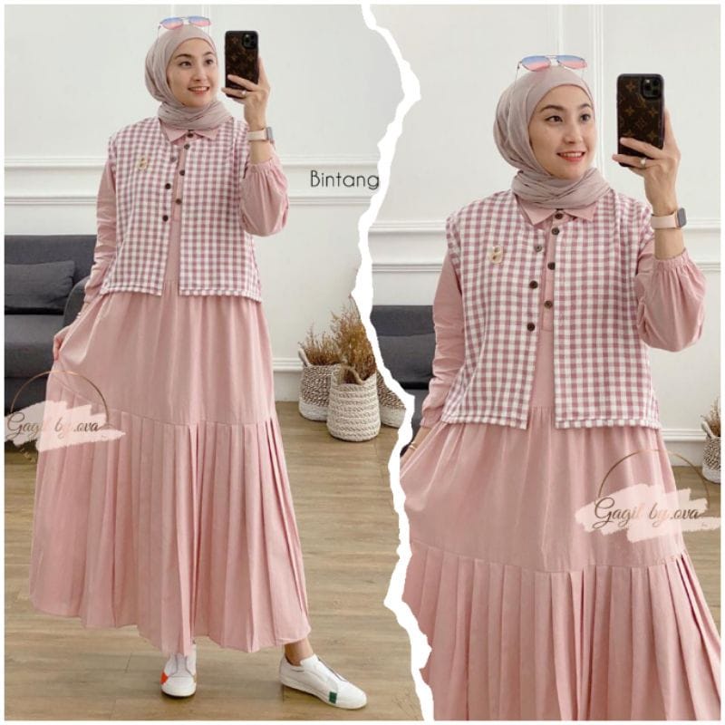 Setelan Wanita Kekinian Rania Bintang 3 Midi Dress Jumbo Korean Style One Set Wanita Fashion Muslim Gamis Remaja