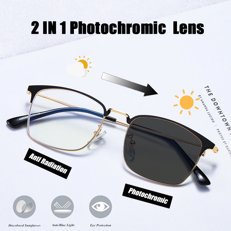 Photochromic Anti Radiation Eyeglasses Metal Frame Square Glasses Computer Eyewear for Men Women