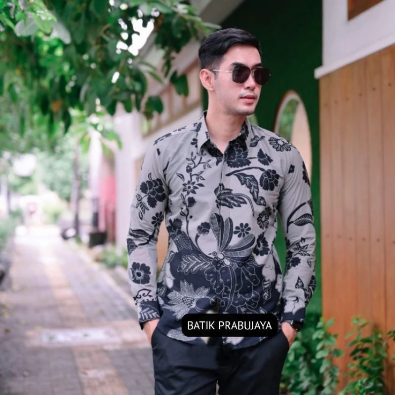 BUNGA ABU Kemeja Batik Pria Modern Lengan Panjang Full Furing Katun Halus Solo - Baju Batik Pria Seragam Kerja Kantor