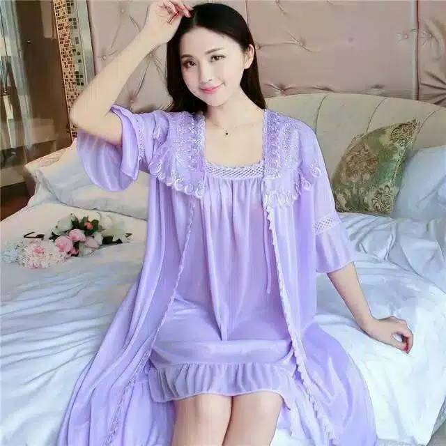 Baju tidur kimono trikot import satin 2 in 1