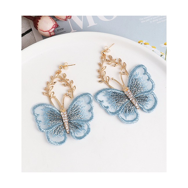 LRC Anting Tusuk Fashion Chiffon Lace Butterfly Earrings With Diamonds D80439