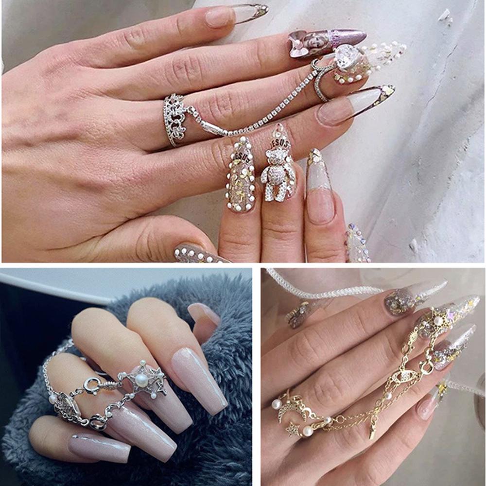 Mxbeauty Perhiasan Cincin Kuku Emas Perak Mahkota Liontin Rumbai Logam Zirkon Nail Art Dekorasi