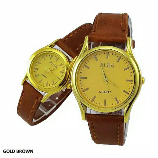 Terima Cod)Jam Tangan Couple Alba Link Gold  Strap Kulit