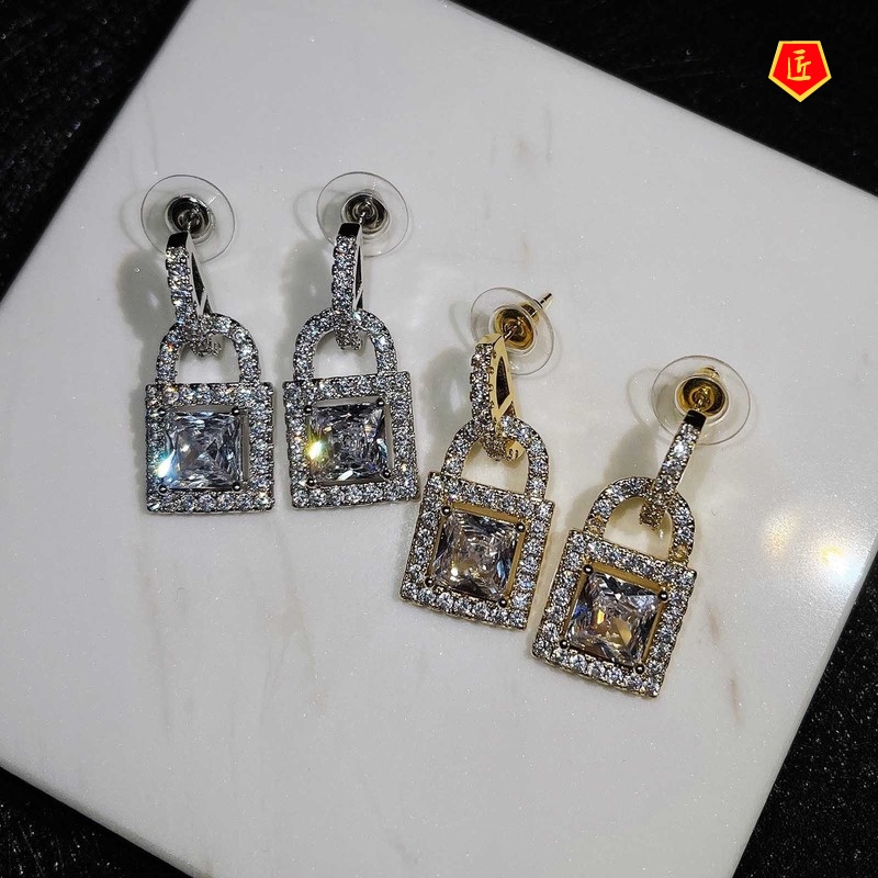 [Ready Stock]Cool Style Personalized Micro-Inlaid Diamond Small Lock Ear Studs