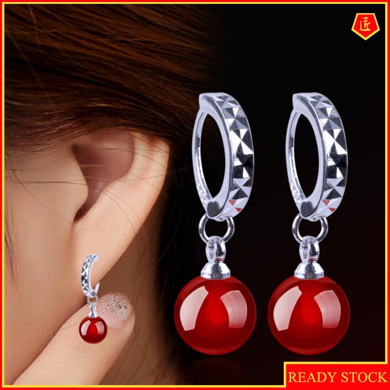 [Ready Stock]Women's Silver Earrings Black and Red Agate Fashion Korean Style