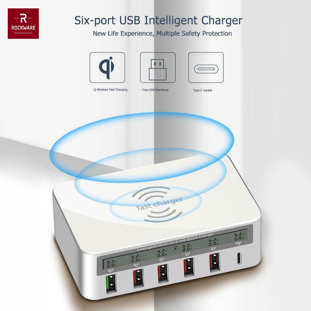 ROCKWARE 818PF Charger 5 USB-A and 1 PD 18W Wireless Charge - 100W 8A - Charger Multiport Universal