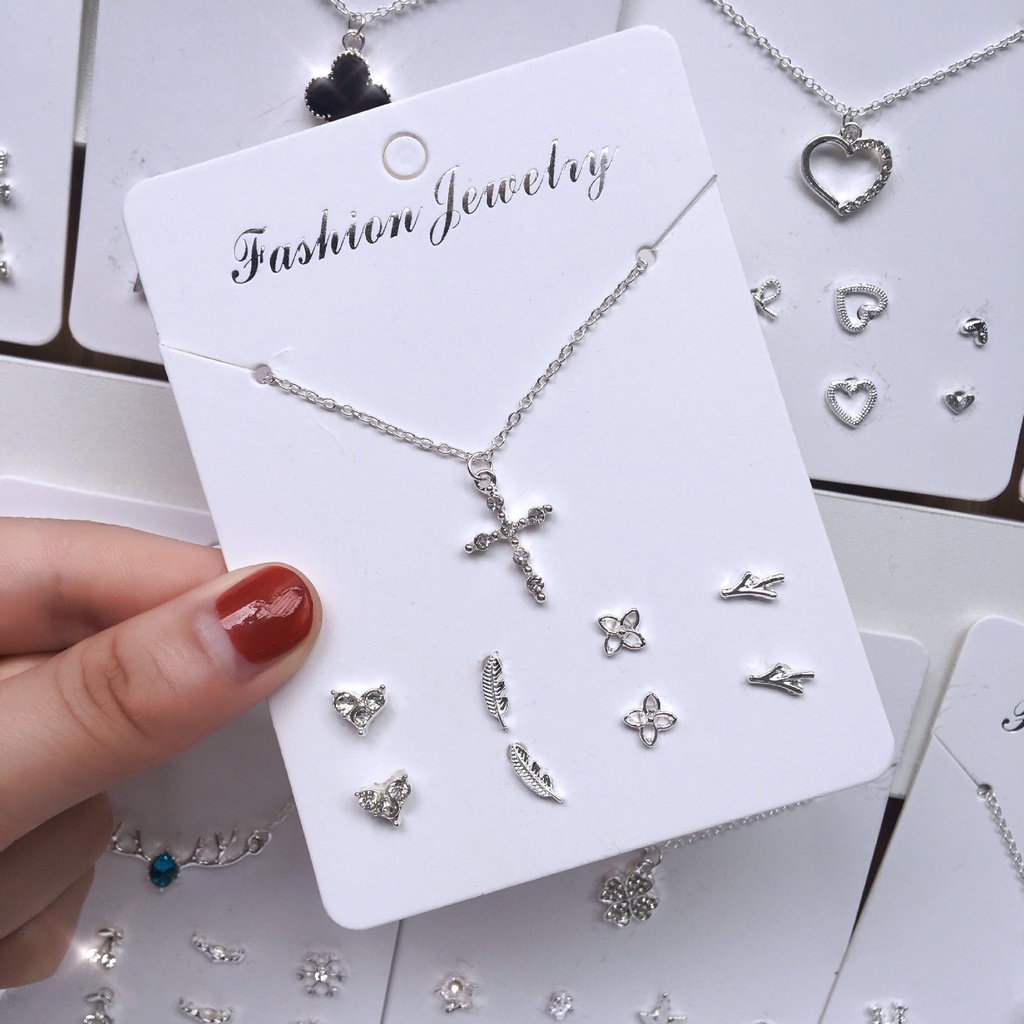 5 Pcs/set Empat Daun Mutiara Berbentuk Hati Clover Cross Wanita Kalung Satu Minggu Klavikula Rantai Anting-Anting Gabungan Set