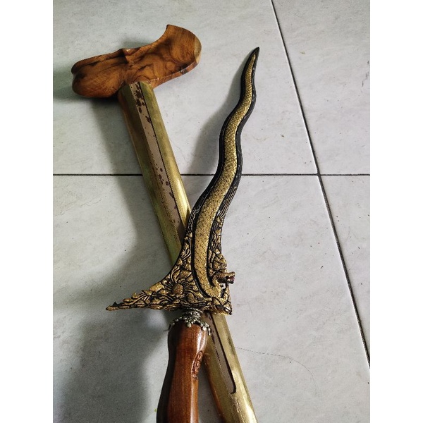 Keris antik unik dhapur naga sapto luk 5 kinatah sepuh emas pamor wos wutah