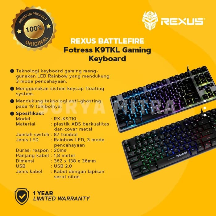 Keyboard Gaming Rexus K9TKL Batlefire Backlight / K9 TKL Fortress