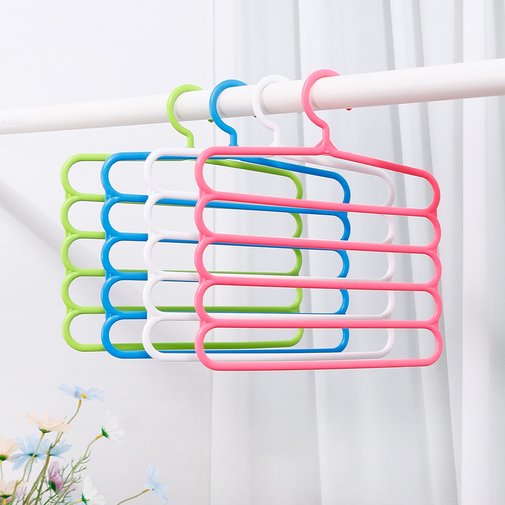 Rak Gantungan Penyimpanan Celana Panjang Syal Dasi Multifungsi 5 Lapis Warna-Warni Bahan Plastik Untuk Lemari Pakaian