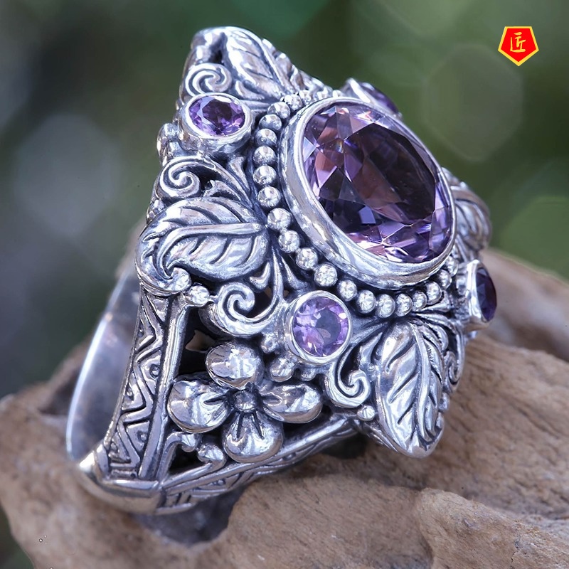 [Ready Stock]Luxury Natural Amethyst Ring 925 Vintage Silver