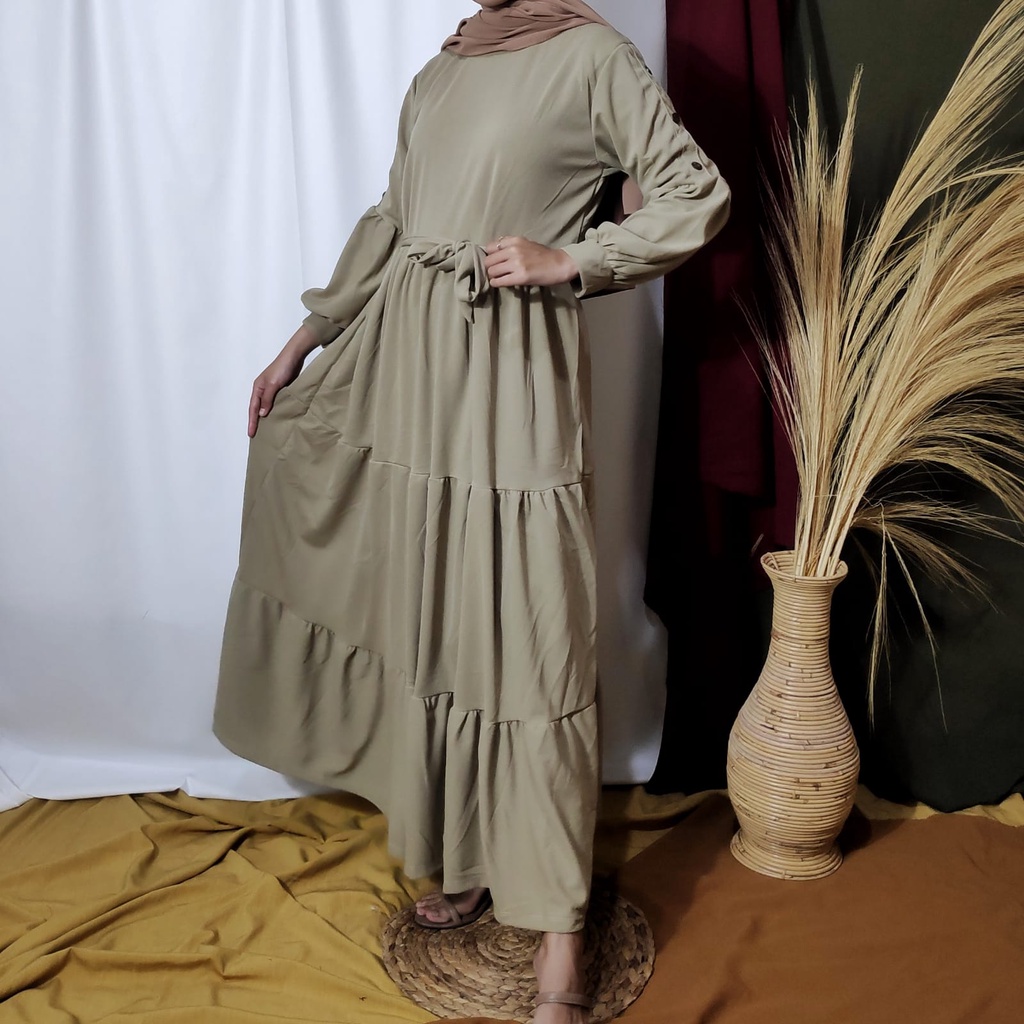Gamis Wanita Lengan Panjang Fashion Muslim Devi Fit  L-XL Lingkar Dada 100cm Panjang 130cm-DeviButton OliveMuda