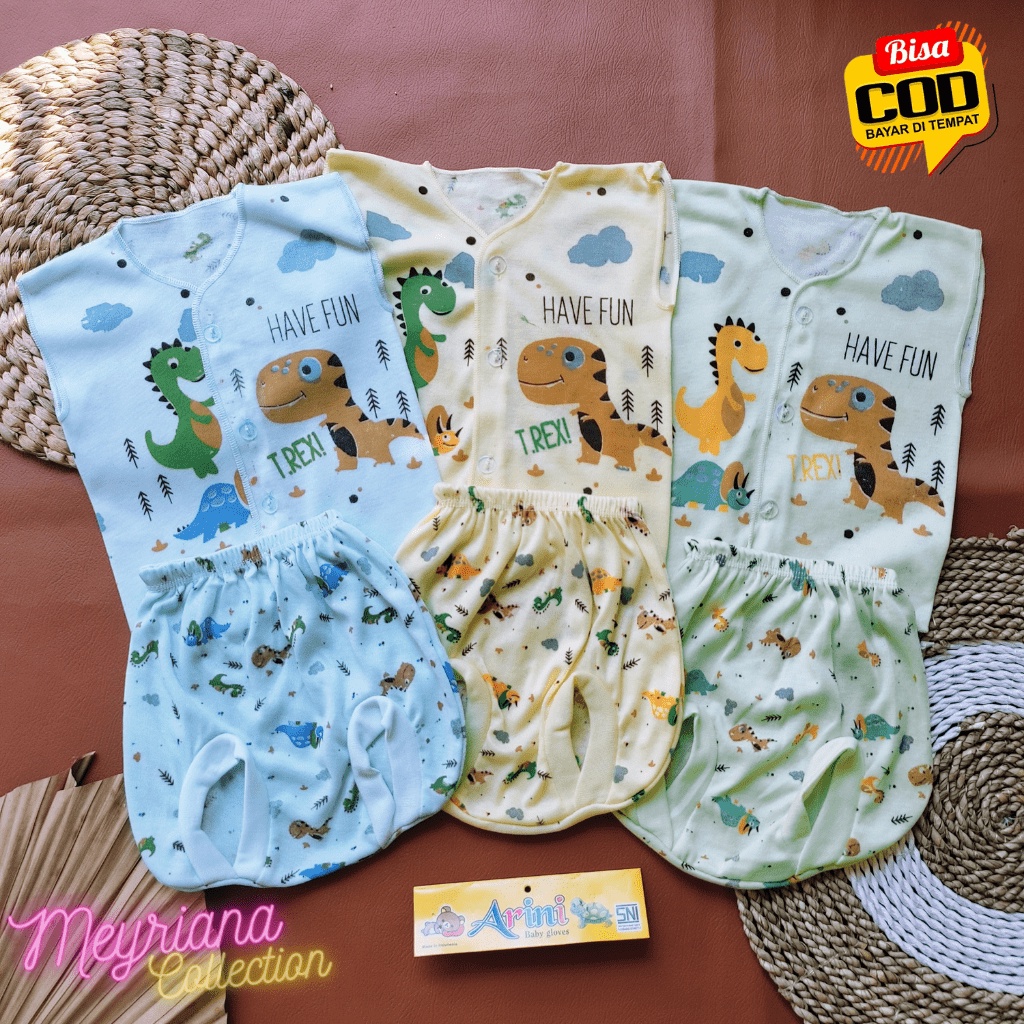 3 Baju Bayi Setelan Lengan Kutung Kancing Depan Bayi Newborn usia 0-3 Bulan Motip Dinosaurus