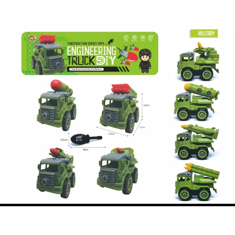 Mainan edukasi anak 4 in 1 DIY mobil tank militer bisa dibongkar pasang.