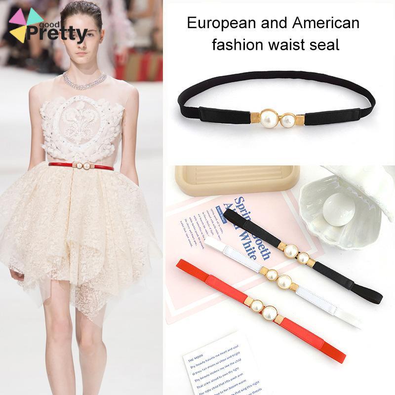 Temperamen Retro Pearl Sepasang Ladies Thin Belt Dresses Loose Elastic Belt Terhubung Segel Pinggang Sempit - PD