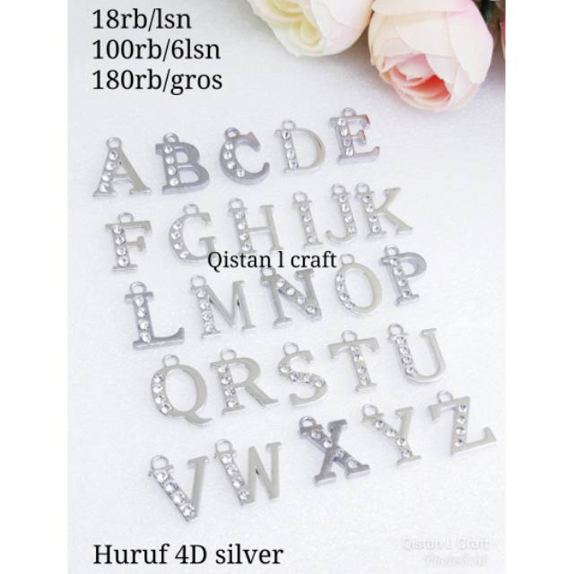 Huruf rodoum silver 4D 12pcs grosir